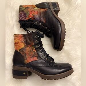 Floral Black Leather Combat Boots